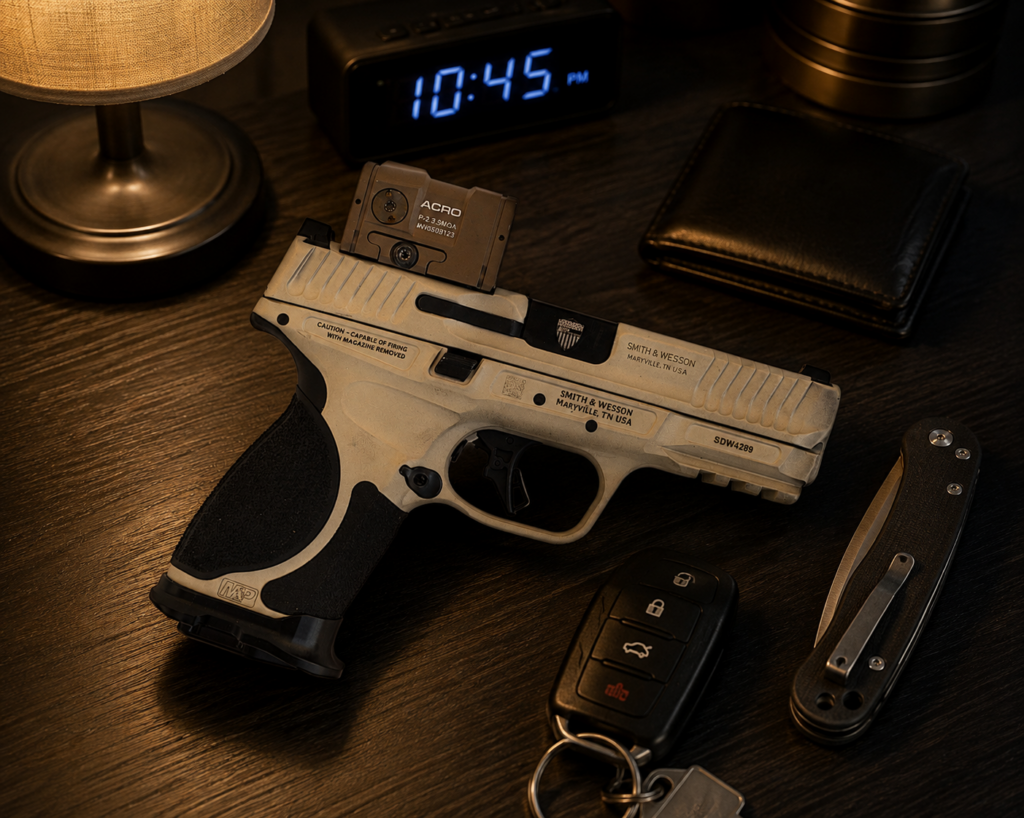 Photo of gun on nightstand